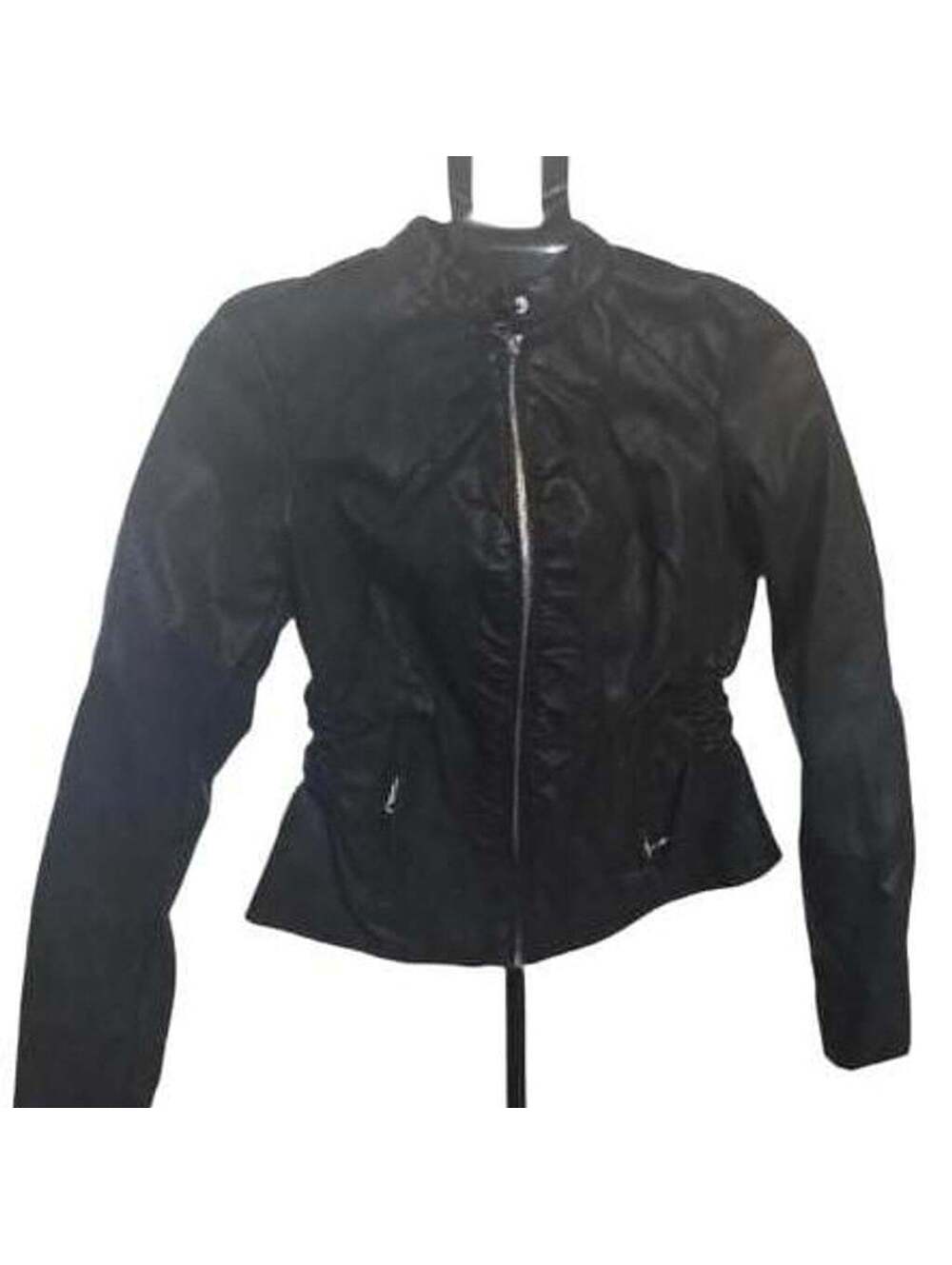 Baccini Black Faux Leather Moto Jacket with Ruffle Detail Size PS